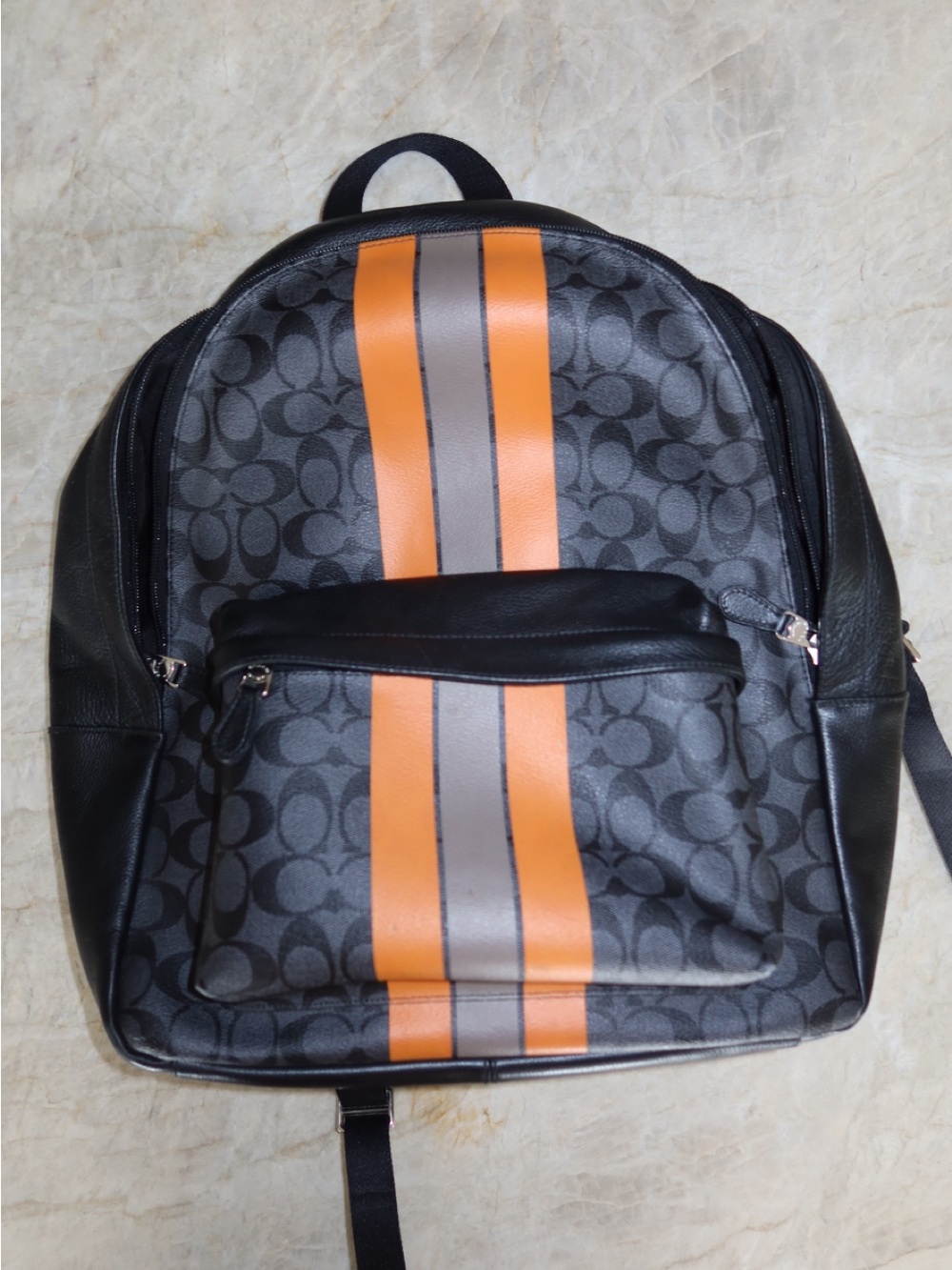 Coach Black Backpack with Orange and Gray Racing Stripes